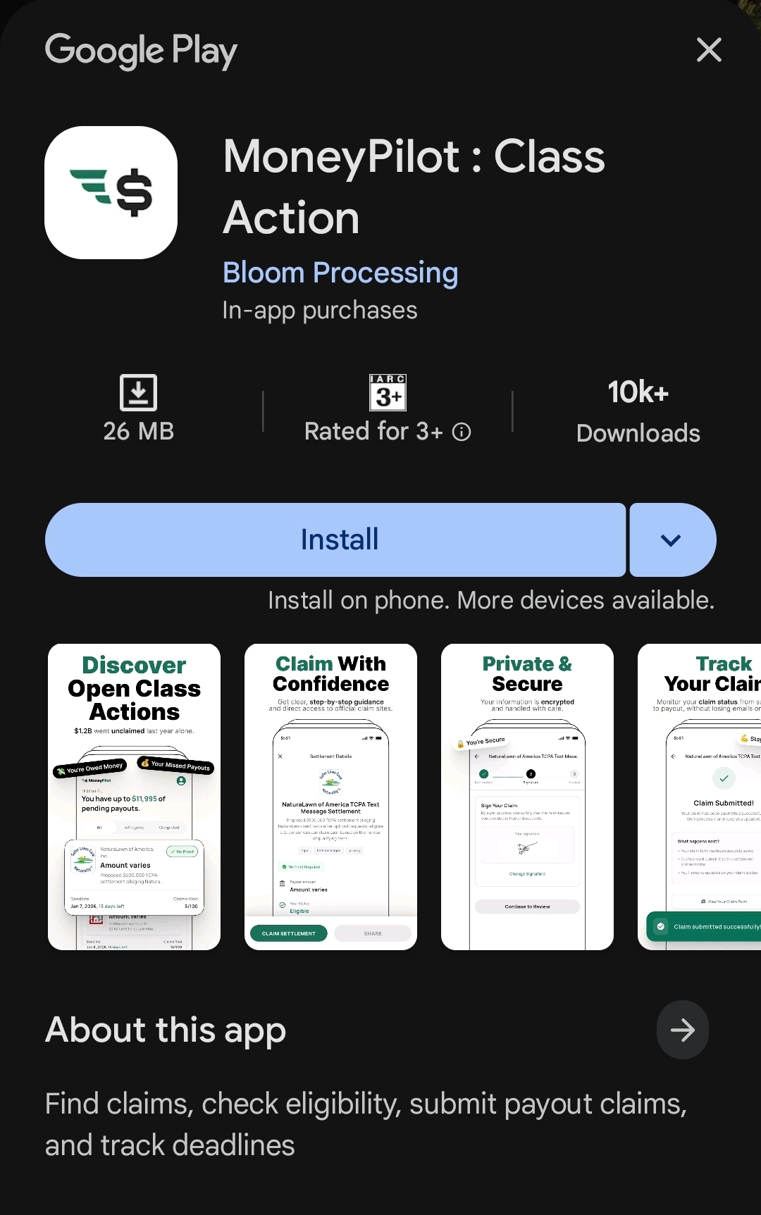 MoneyPilot App Store listing — class action settlement tracker app earning $20,000 per month in under 90 days