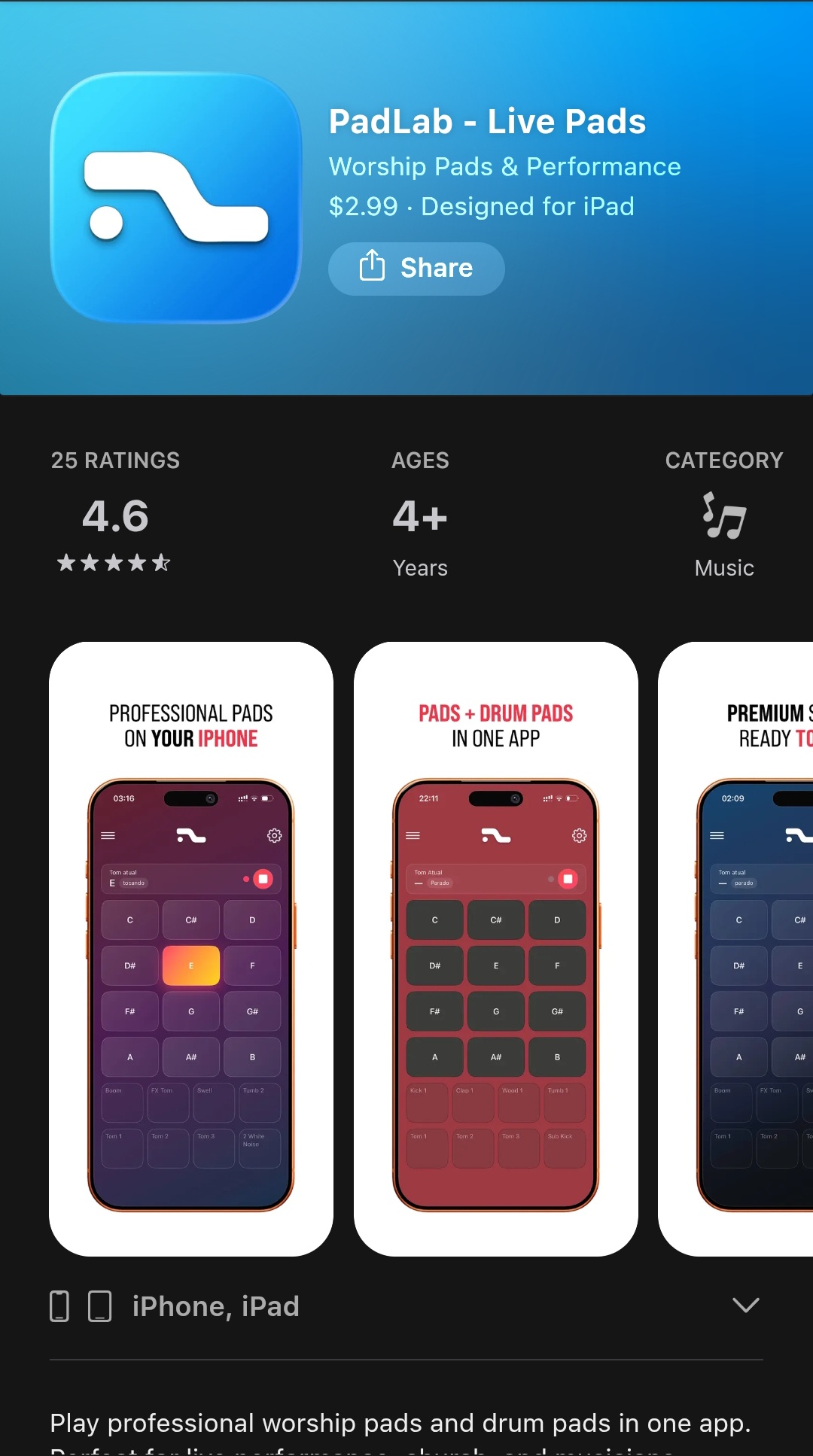 PadLab App Store listing — live worship pads app for musicians generating $20,000 per month with only 6,000 downloads