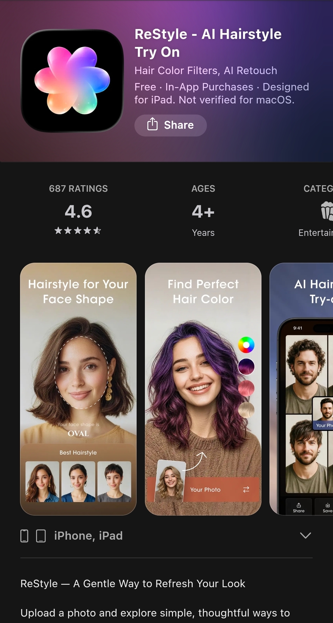 ReStyle App Store listing — AI hairstyle try-on app earning $30,000 per month in its first 99 days