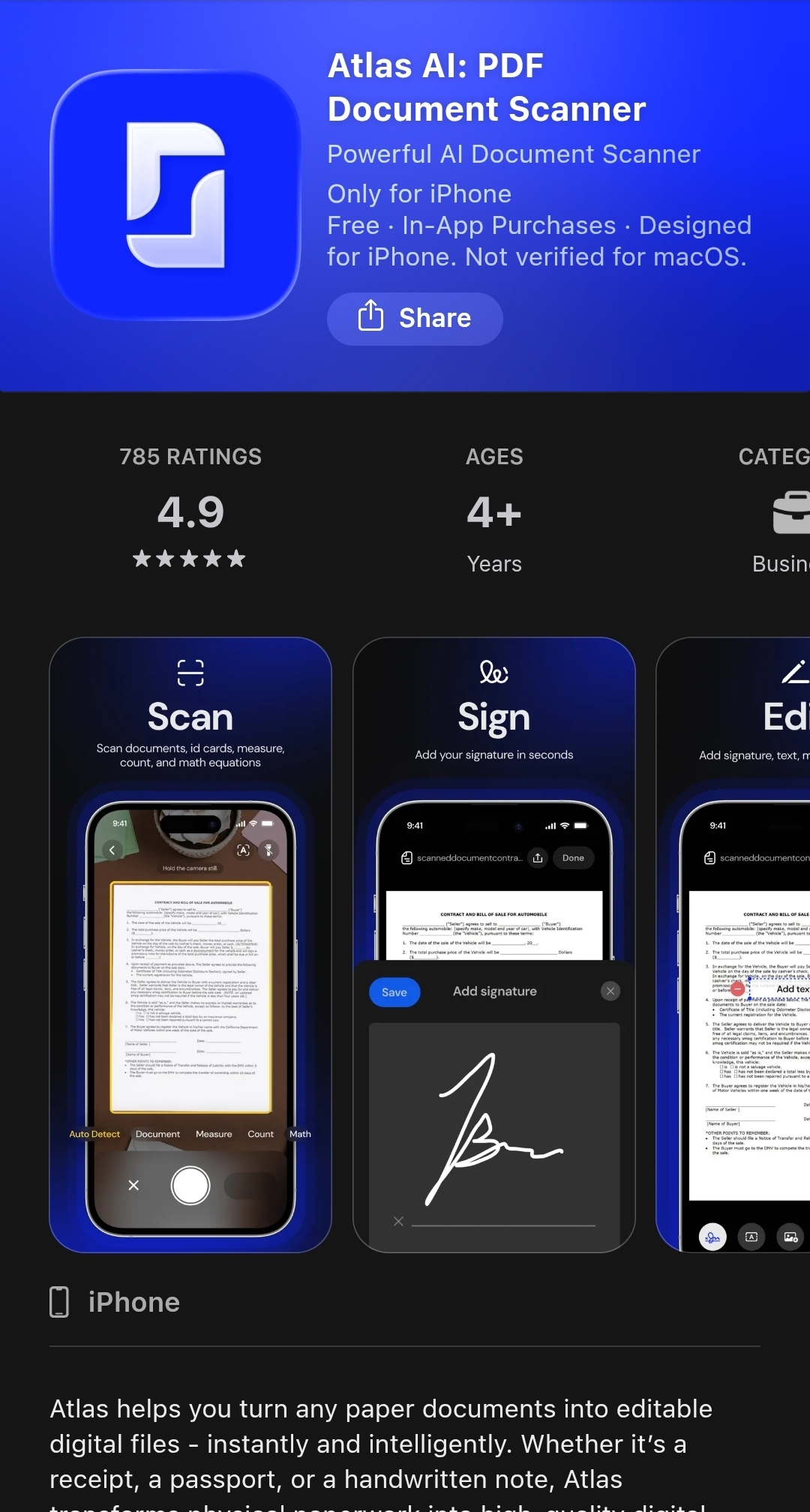 Atlas AI PDF Document Scanner App Store listing — 785 ratings at 4.9 stars, Business category, scans receipts passports and documents