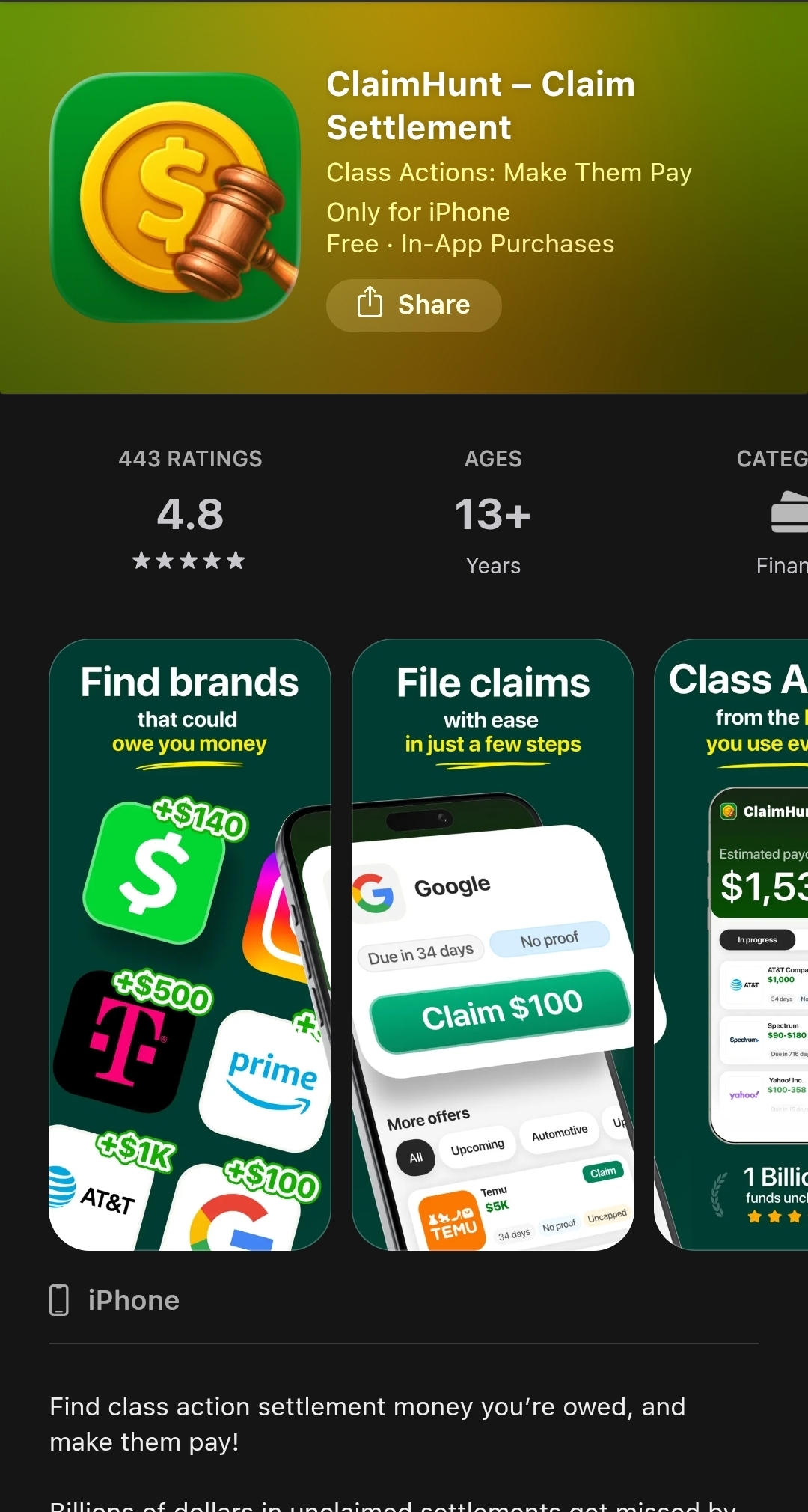 ClaimHunt – Claim Settlement App Store listing showing Class Actions Make Them Pay tagline with 443 ratings at 4.8 stars