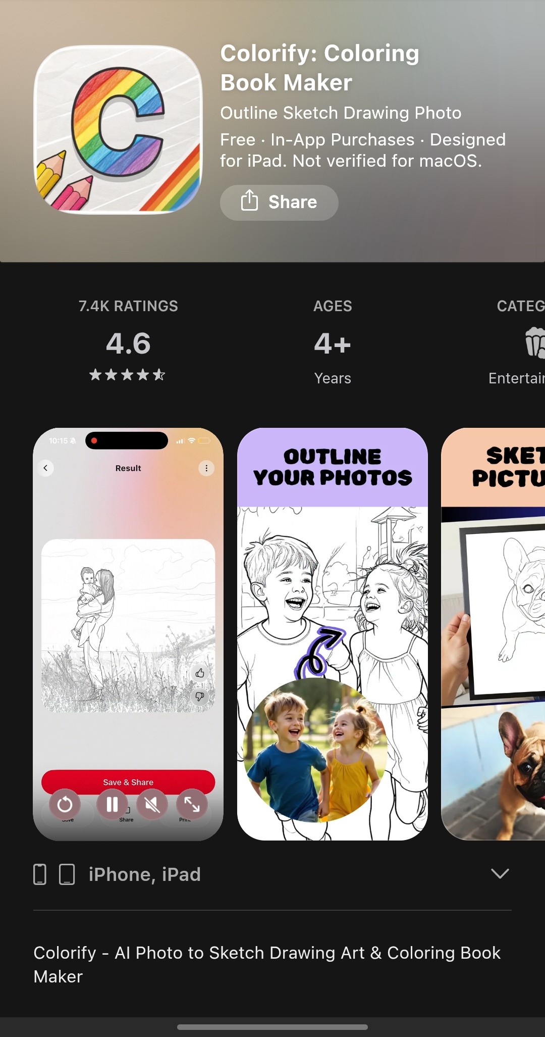 Colorify Coloring Book Maker App Store listing showing Outline Sketch Drawing Photo tagline, 7.4K ratings at 4.6 stars in Entertainment category