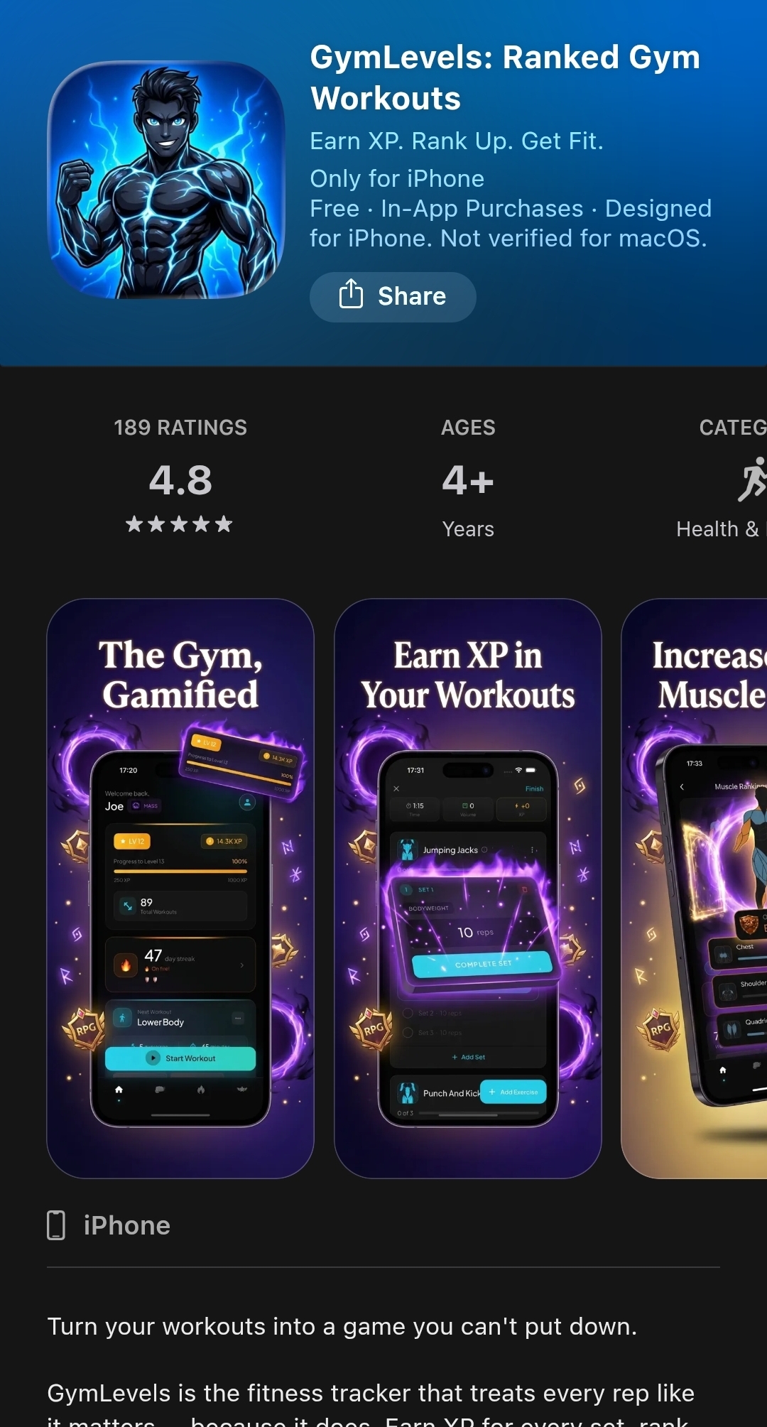GymLevels Ranked Gym Workouts App Store listing showing Earn XP Rank Up Get Fit tagline, 189 ratings at 4.8 stars in Health and Fitness category