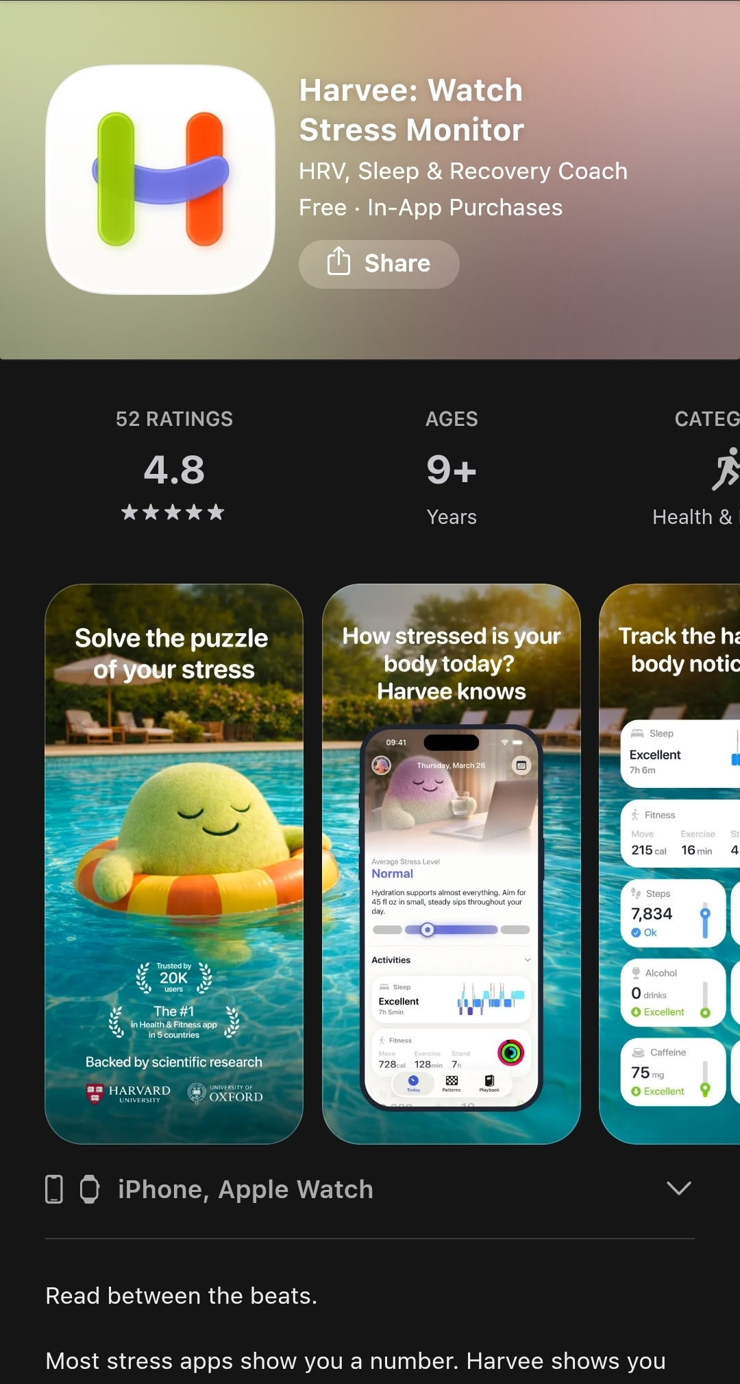 Harvee Watch Stress Monitor App Store listing showing HRV Sleep and Recovery Coach tagline, 52 ratings at 4.8 stars, backed by Harvard University and University of Oxford