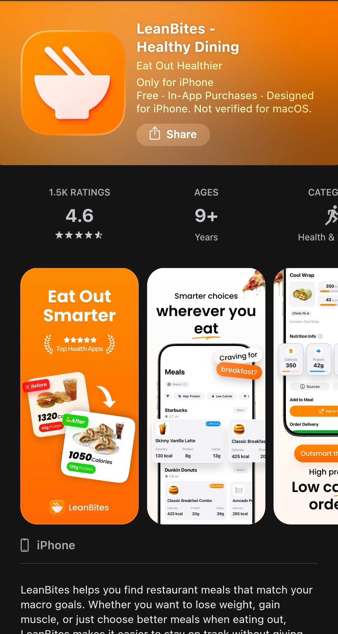 LeanBites Healthy Dining App Store listing — Eat Out Healthier, 1.5K ratings at 4.6 stars