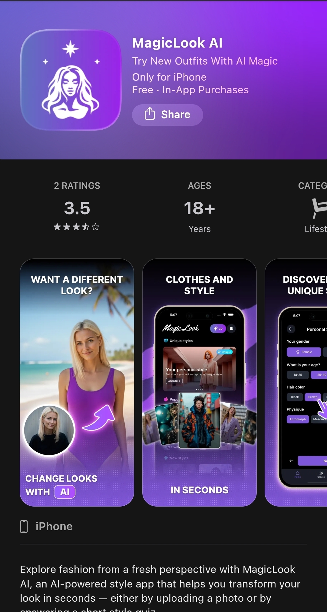 MagicLook AI App Store listing — Try New Outfits With AI Magic, Lifestyle, 2 ratings at 3.5 stars, iPhone only