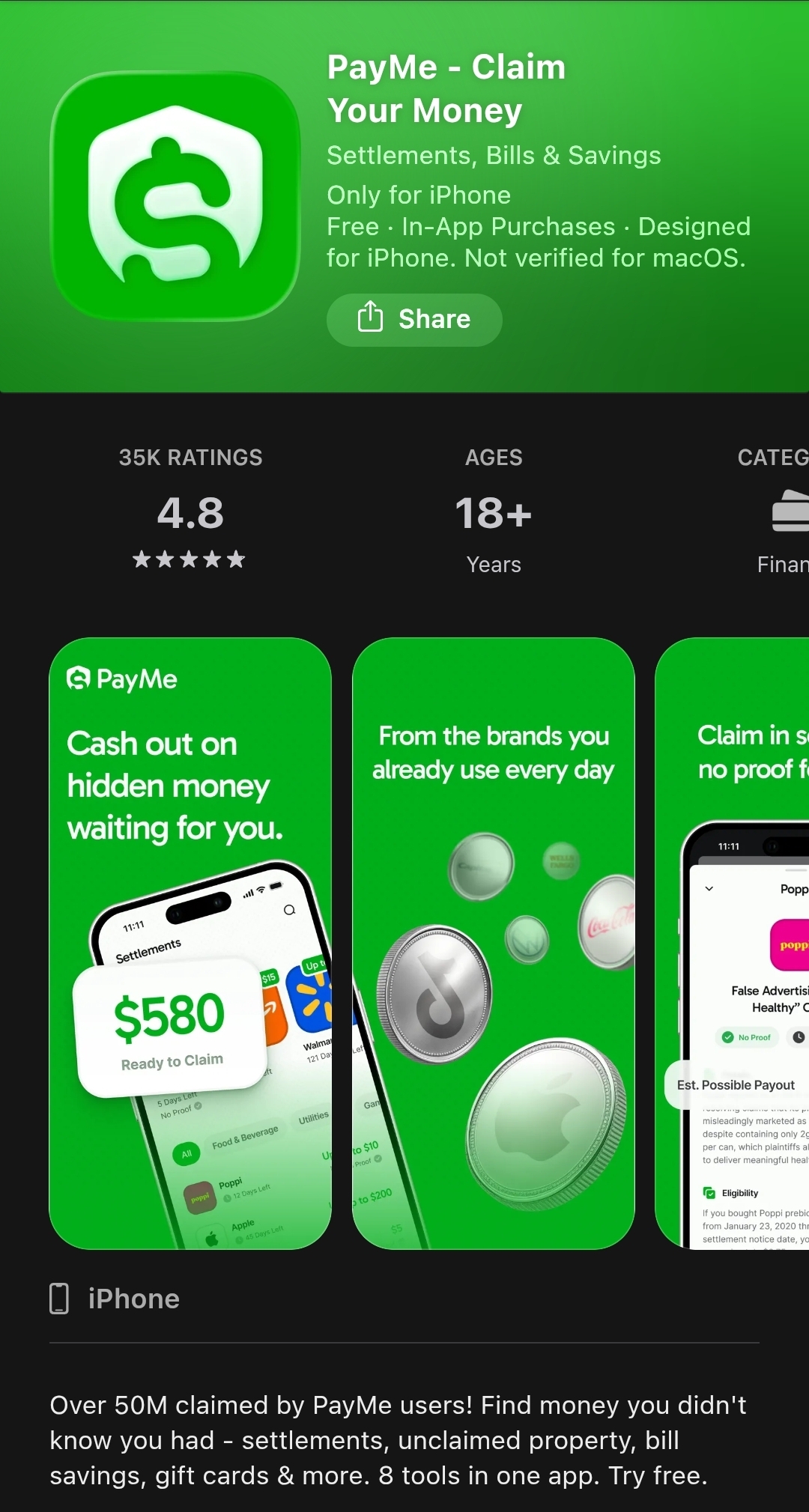 PayMe – Claim Your Money App Store listing showing Settlements, Bills and Savings tagline with 35K ratings at 4.8 stars in Finance category