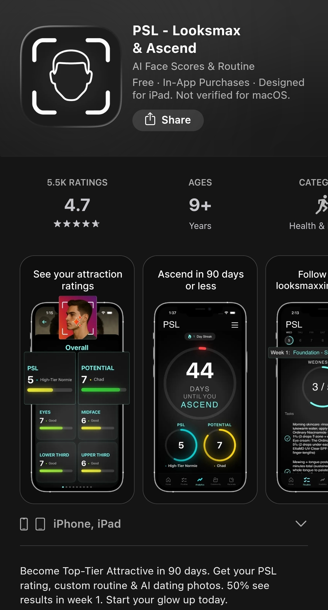 PSL Looksmax & Ascend App Store listing — AI Face Scores & Routine, 5.5K ratings at 4.7 stars