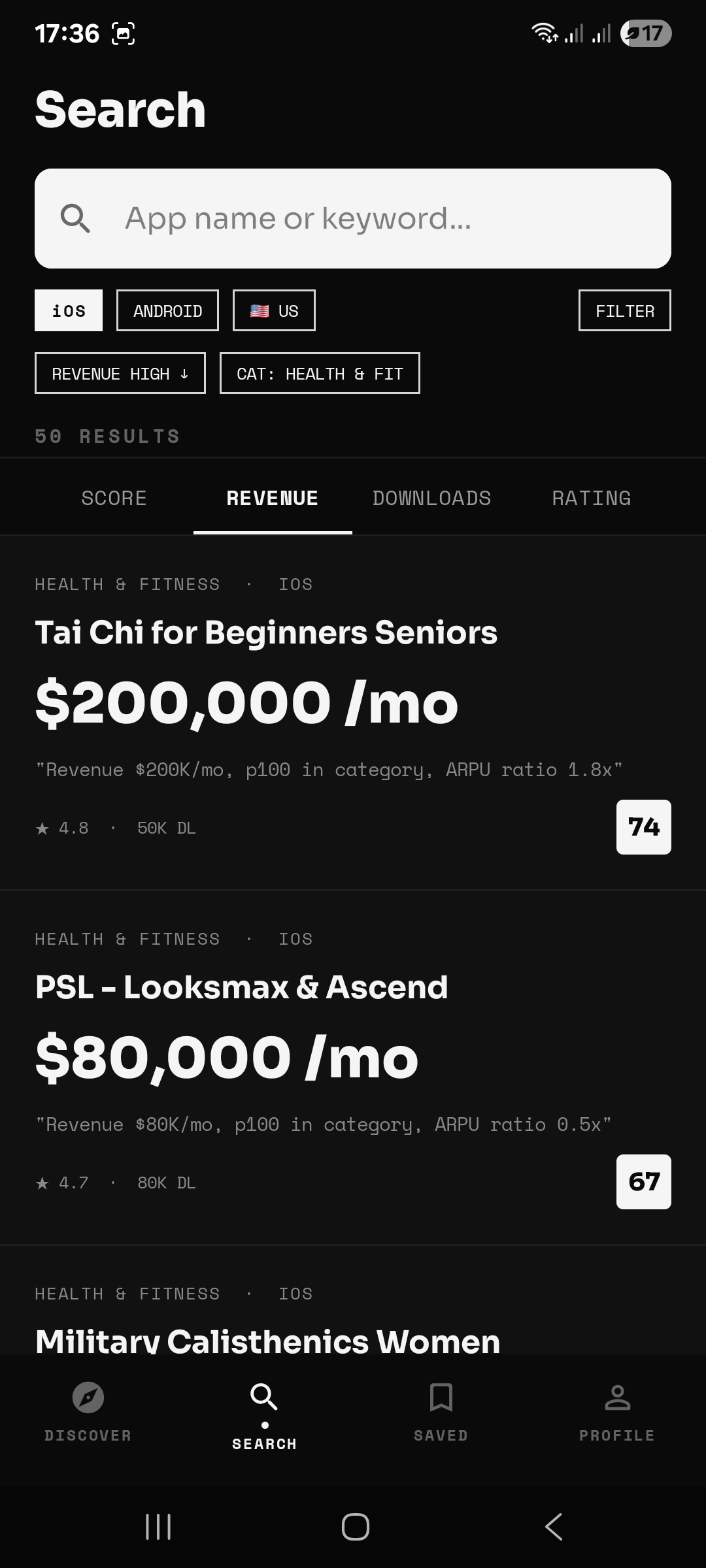 AppScout search results for Health & Fitness posture apps — Tai Chi for Beginners Seniors at $200K/mo and Military Calisthenics Women at $40K/mo