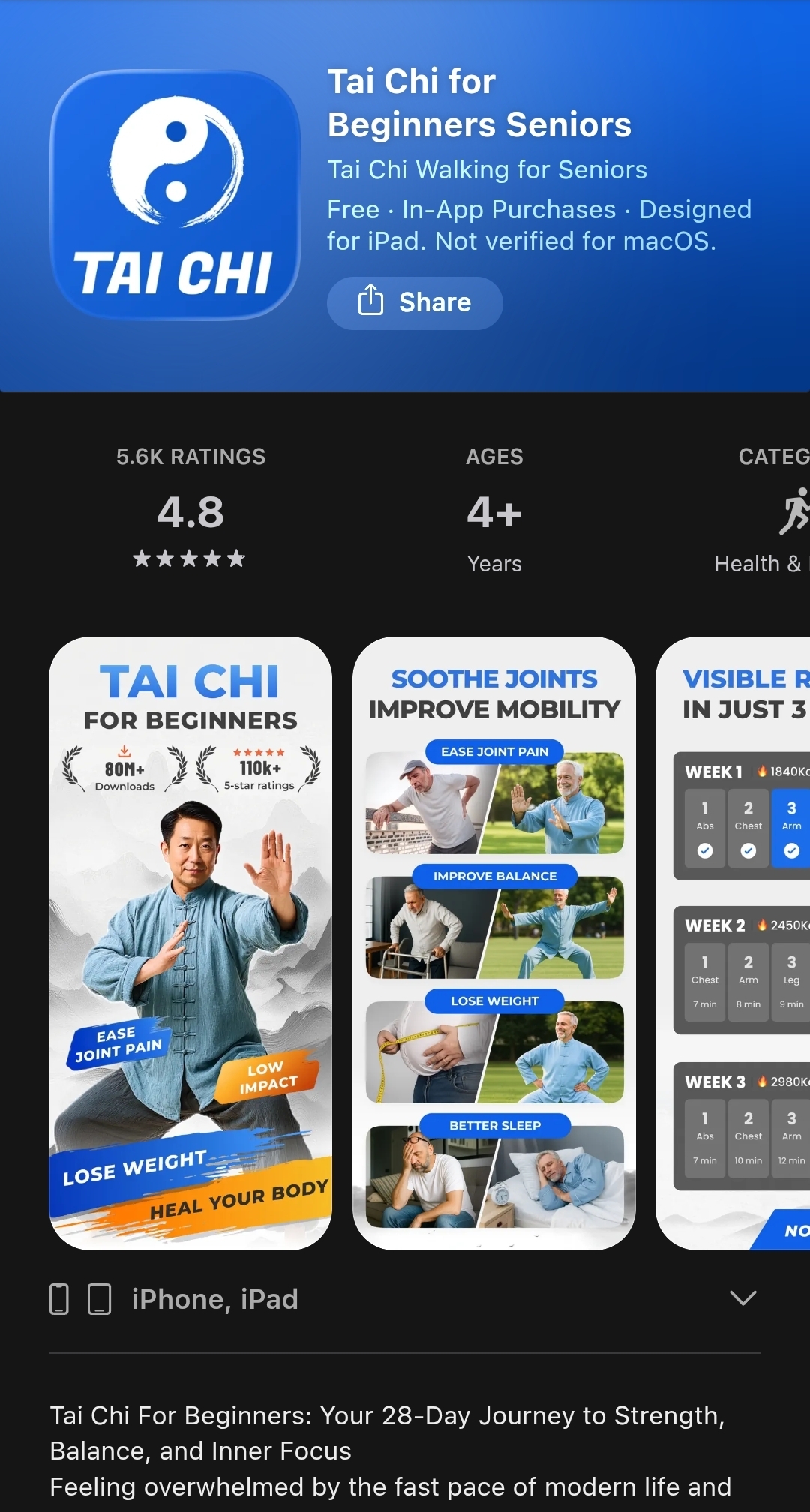 Tai Chi for Beginners Seniors App Store listing — 5.6K ratings, 4.8 stars, Health & Fitness, designed for iPad