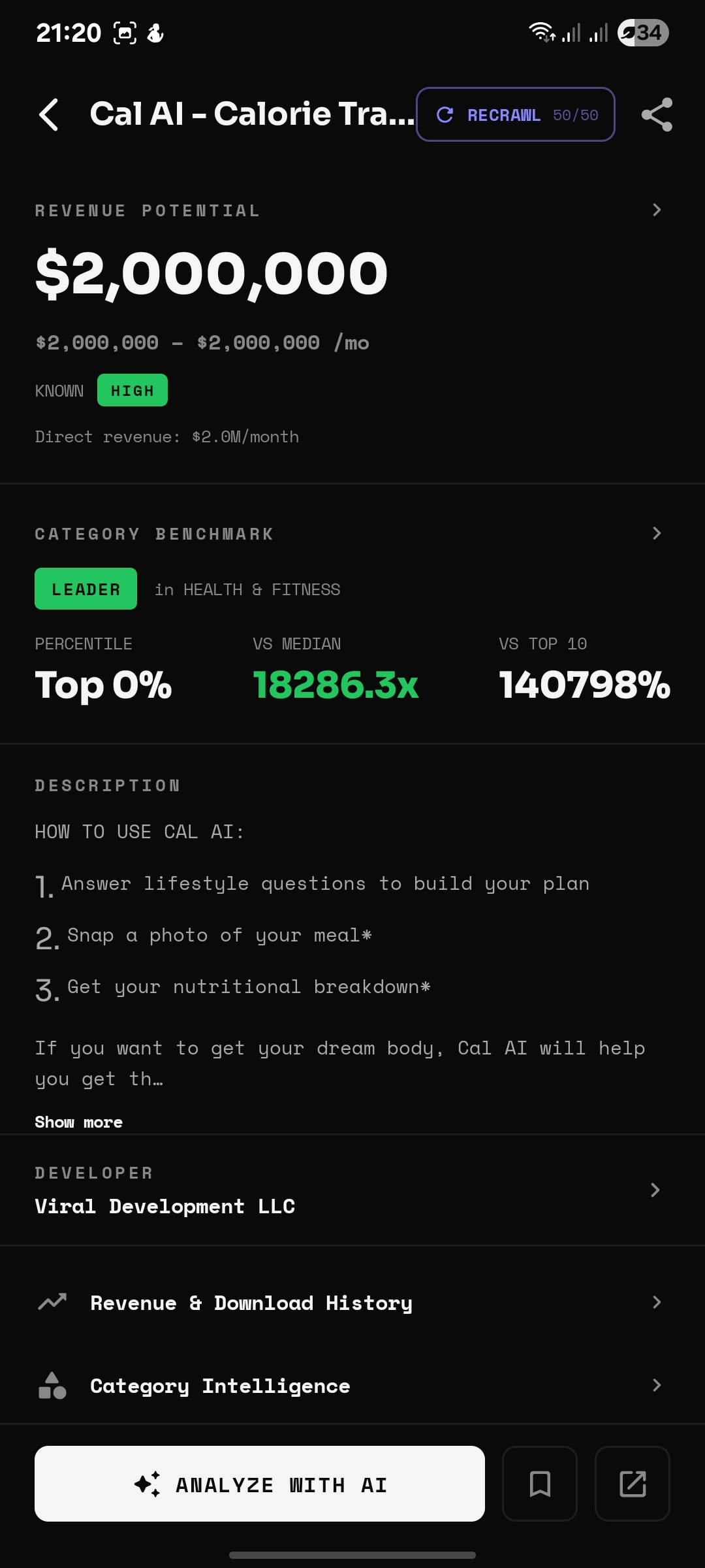 Cal AI category benchmark in AppScout — Top 0% in Health & Fitness, 18,286x vs median