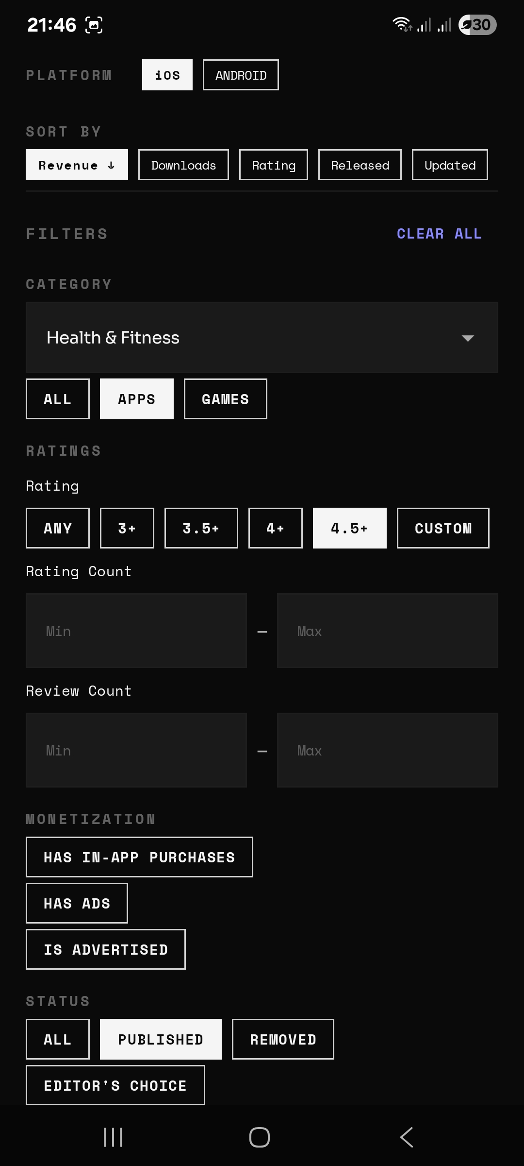 AppScout filter panel — Health & Fitness category, Apps only, Rating 4.5+ selected on iOS