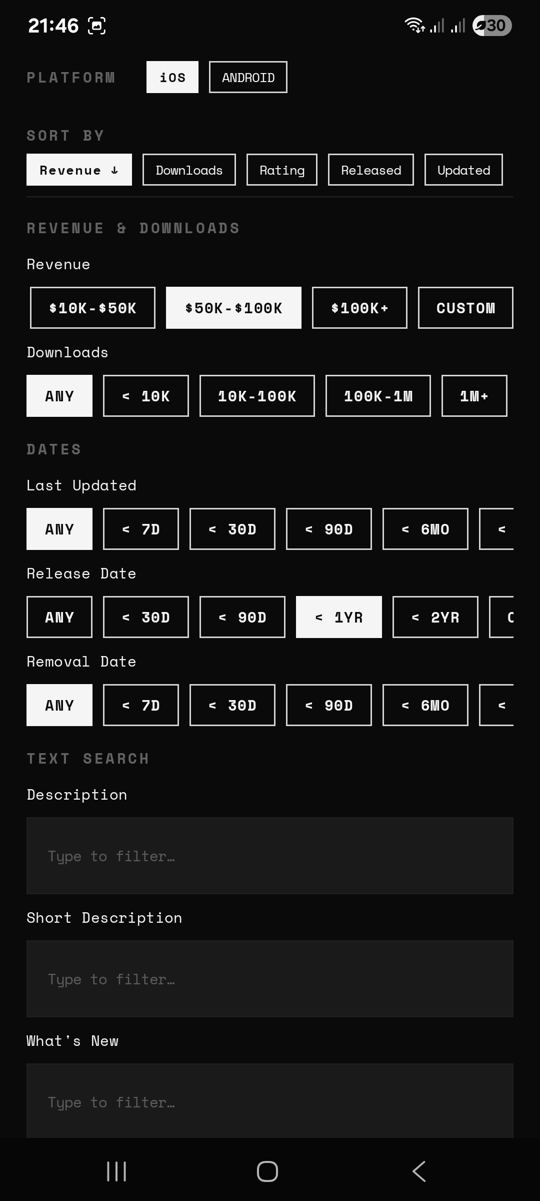 AppScout filter panel — Revenue $50K-$100K selected, Release Date less than 1 year